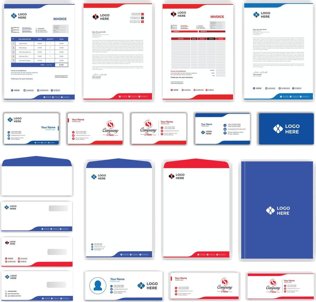 Modern Creative Stationery design with Letterhead, Business card, invoice, Envelope, email signature, cover design for any best use vector