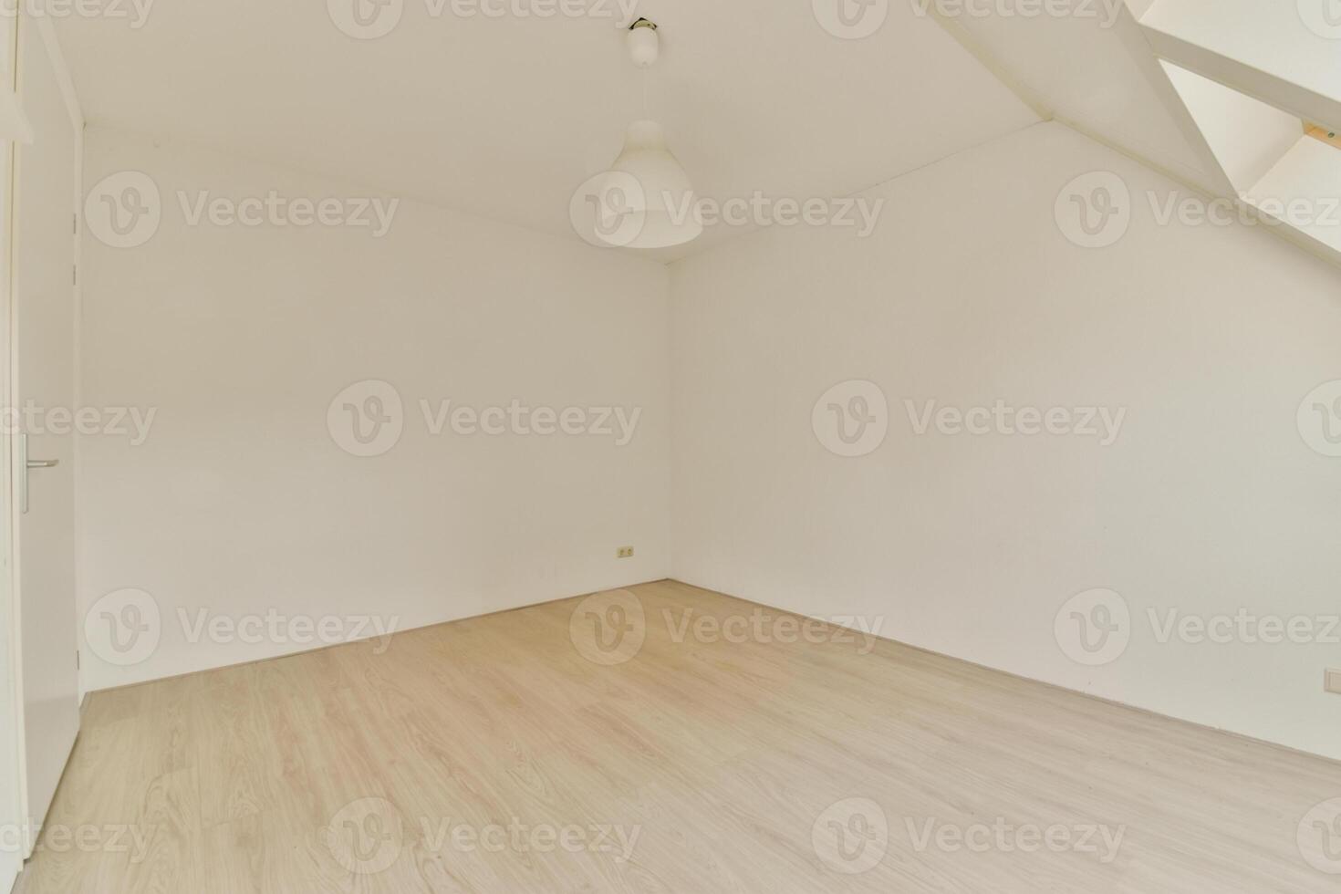 An empty room with a white wall and wooden floors photo