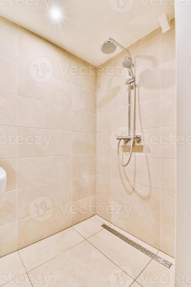 A bathroom with a shower and a sink photo