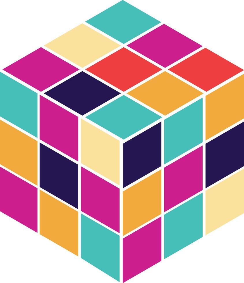 Colorful Geometric Pop Art Illustration Featuring a Retro Rubik Cube. Funky Music Element. Trendy 70s, 80s, and 90s inspired Design Captures the Vibe of Vintage Disco. illustration vector
