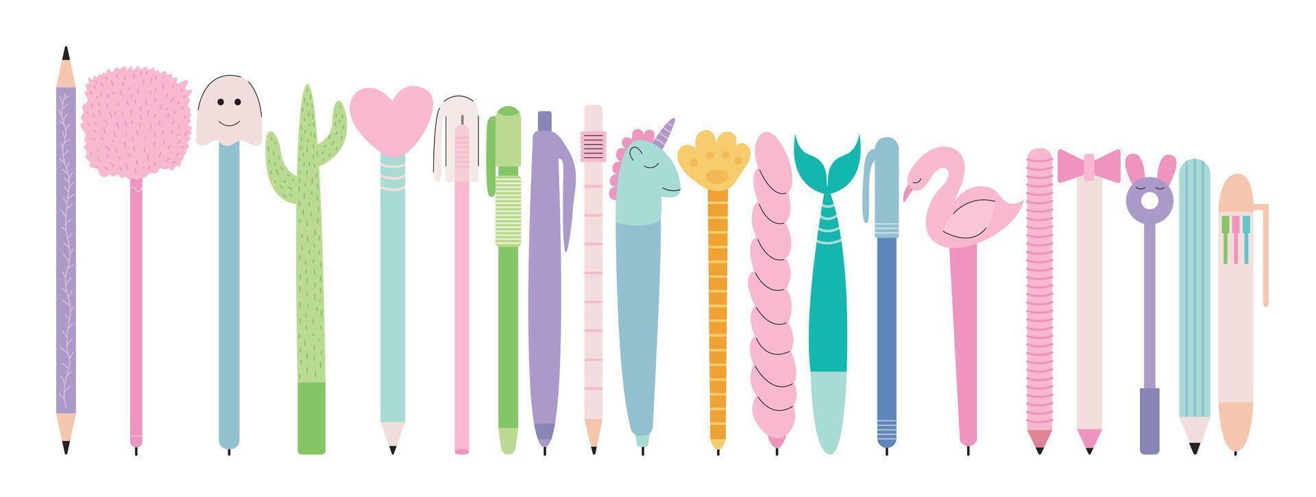 Pencils and pens stationery set. Different pens and pencils flat style set vector