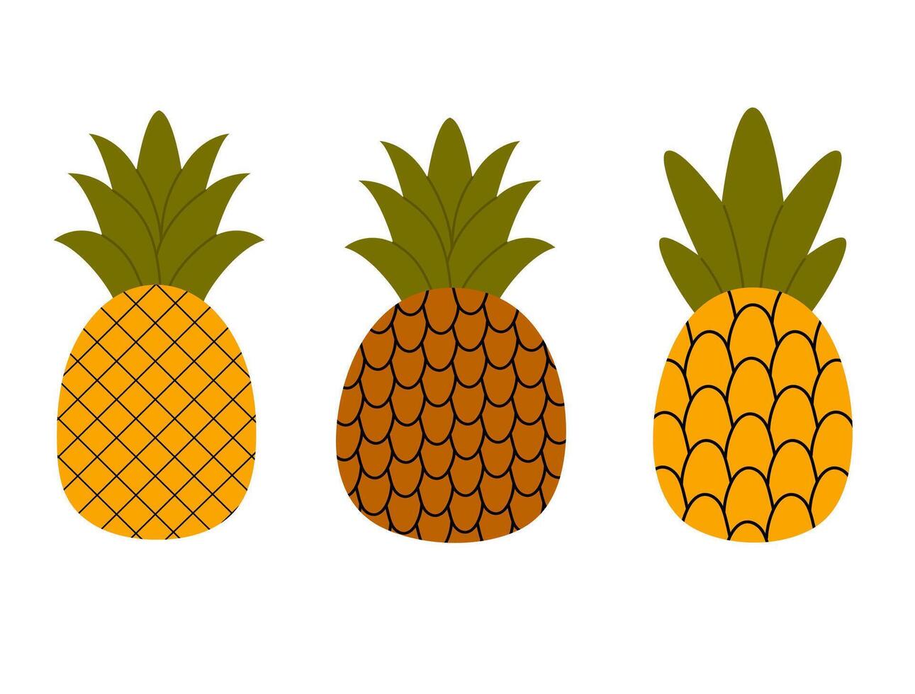 Set of three pineapple fruits in hand drawn style. Tropical fruit collection vector