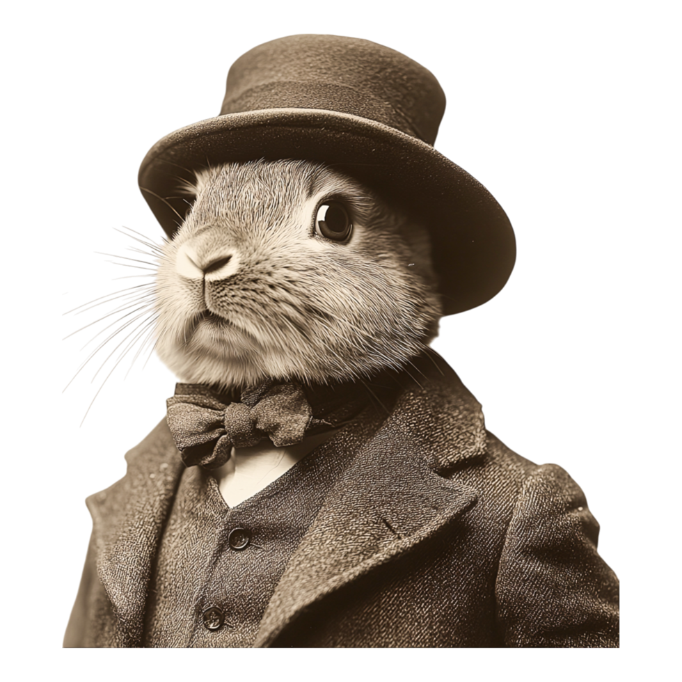 Rabbit in Formal Attire with Bowtie and Top Hat png