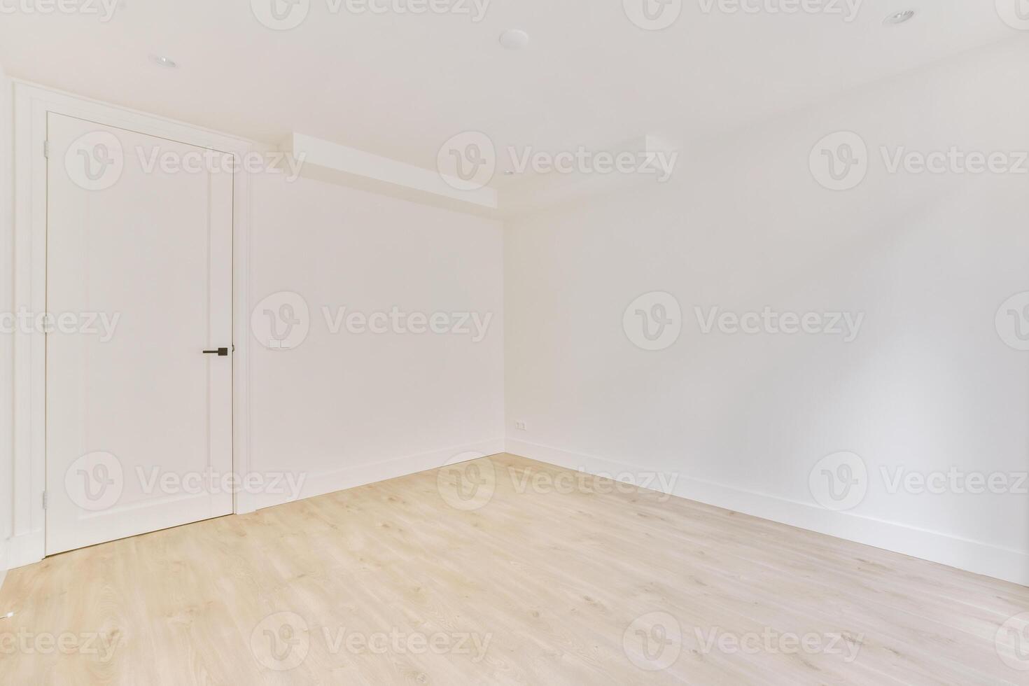An empty room with white walls and wooden floors photo