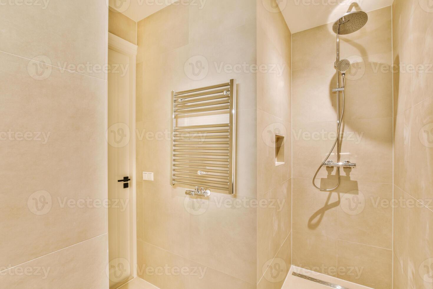 A bathroom with a shower and a toilet photo
