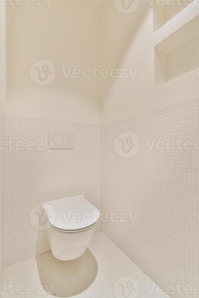 A white toilet sitting in a bathroom with a shelf above it photo