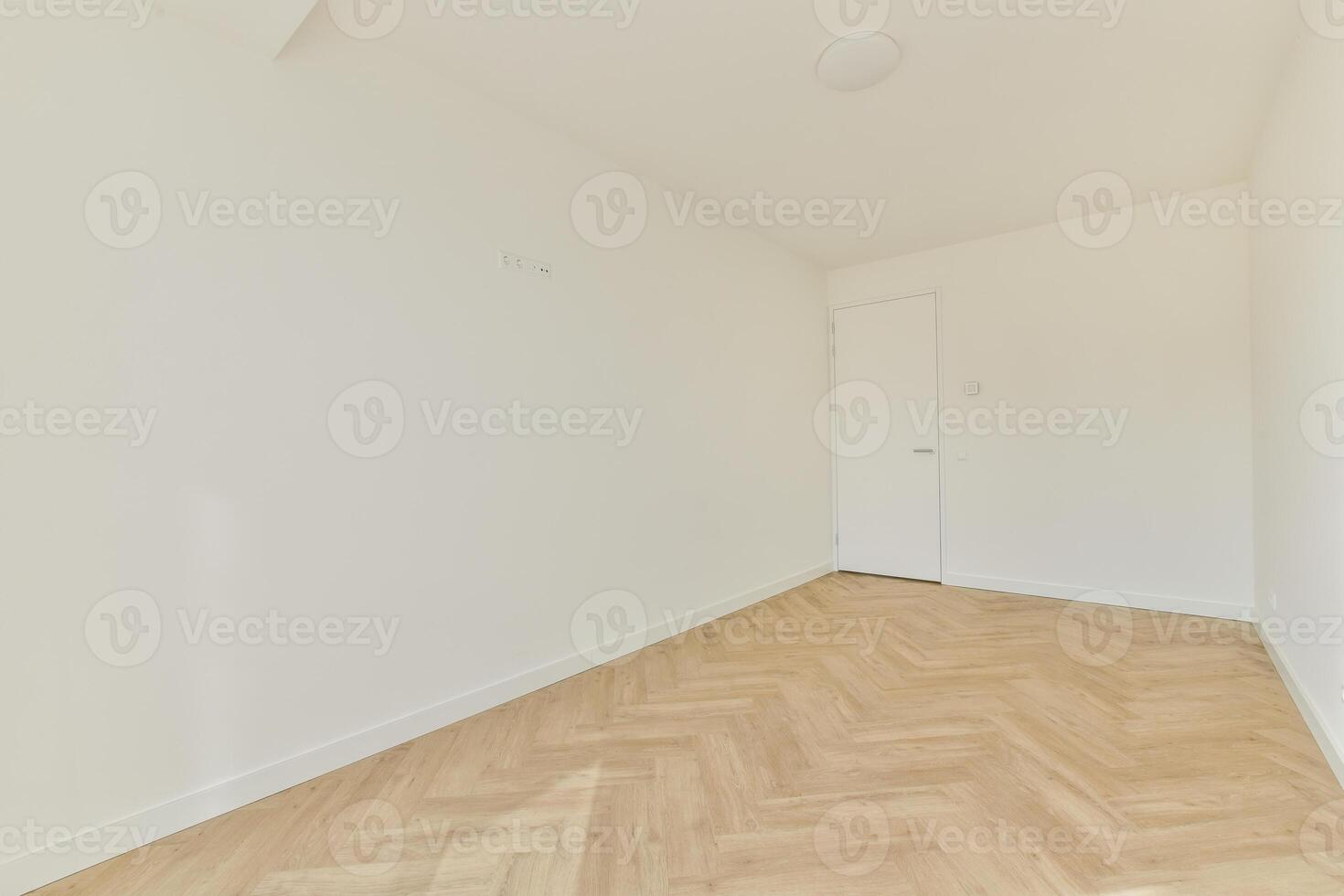 An empty room with white walls and wooden floors photo