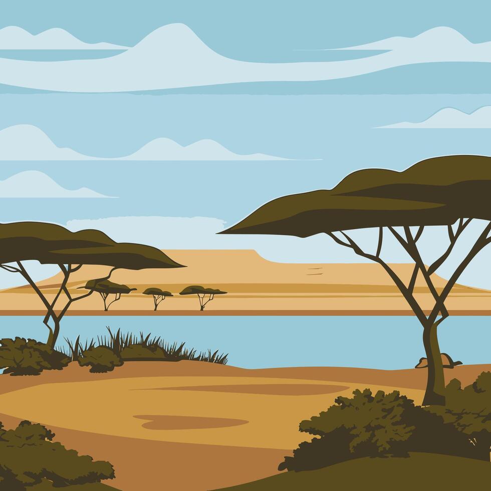 savanna with acacia trees, a lake, and sand vector