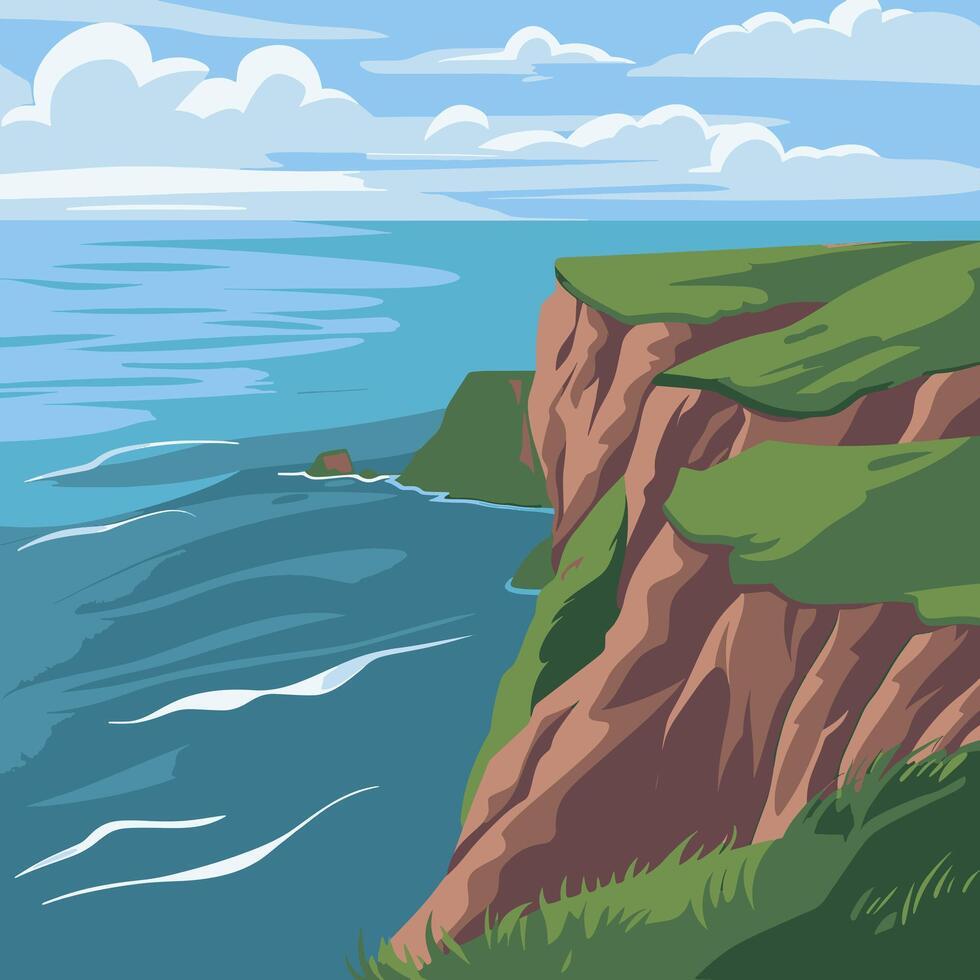 the rugged cliff edge overlooking an ocean with green vector