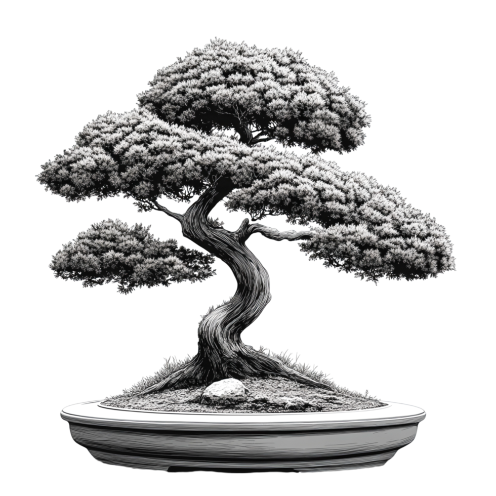 Black and white illustration of a tree with visible roots, featuring branches, leaves, and a sketchy, artistic style png