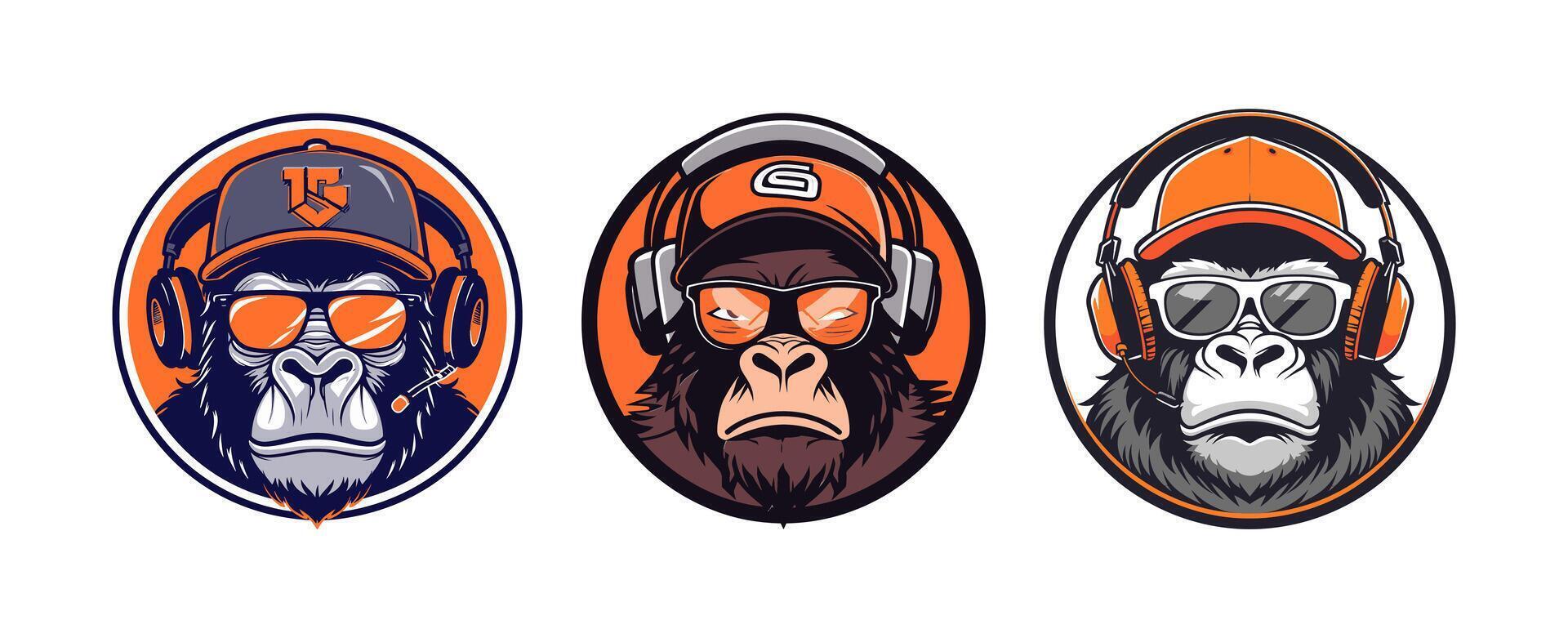 gorilla with sunglasses and headphones wearing a baseball cap vector