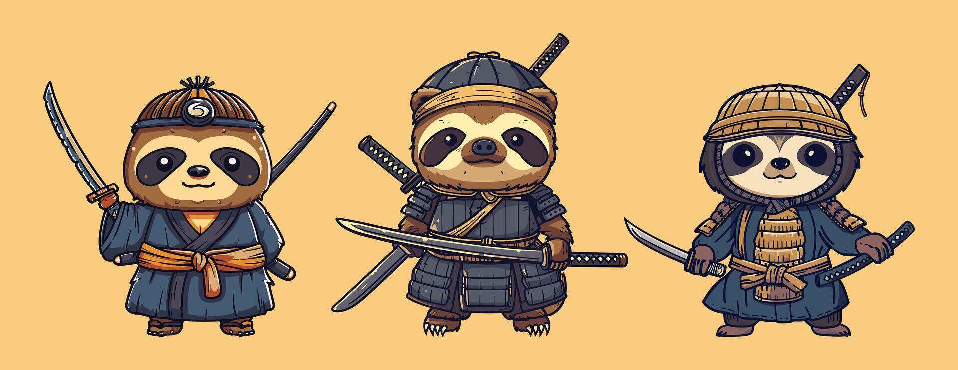 Sloth samurai illustration cute vector