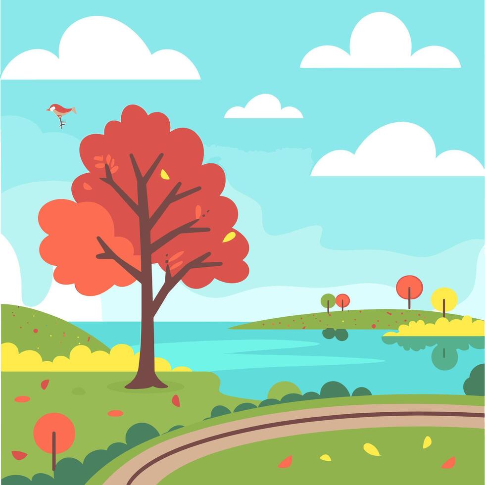 Autumn landscape with trees, road and lake vector