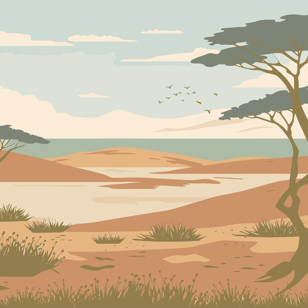 savanna with sand dunes and a lake in the background vector