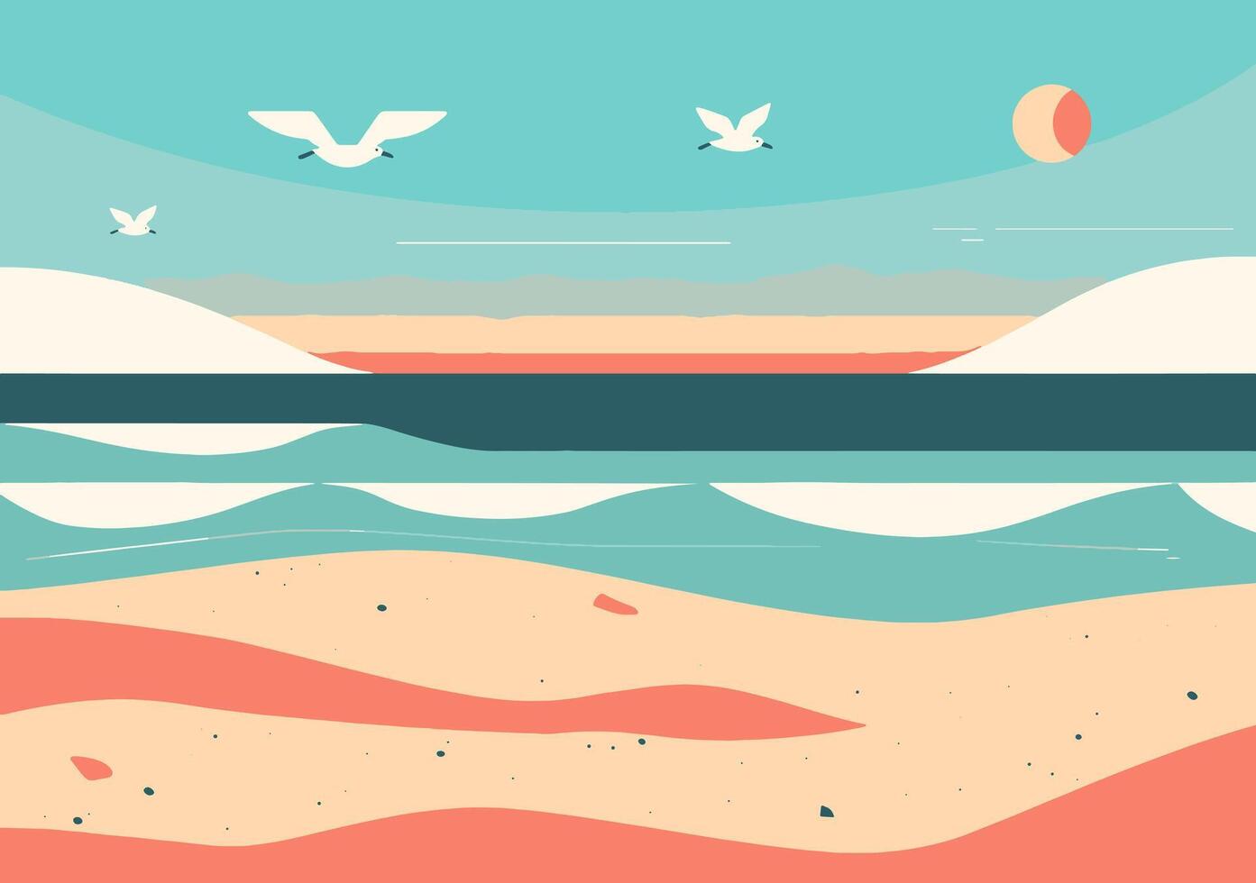 beach with waves and seagulls on the horizon vector