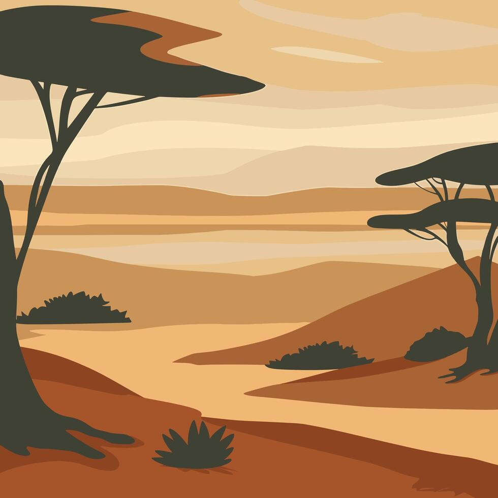 savanna with sand dunes and a lake in the background vector
