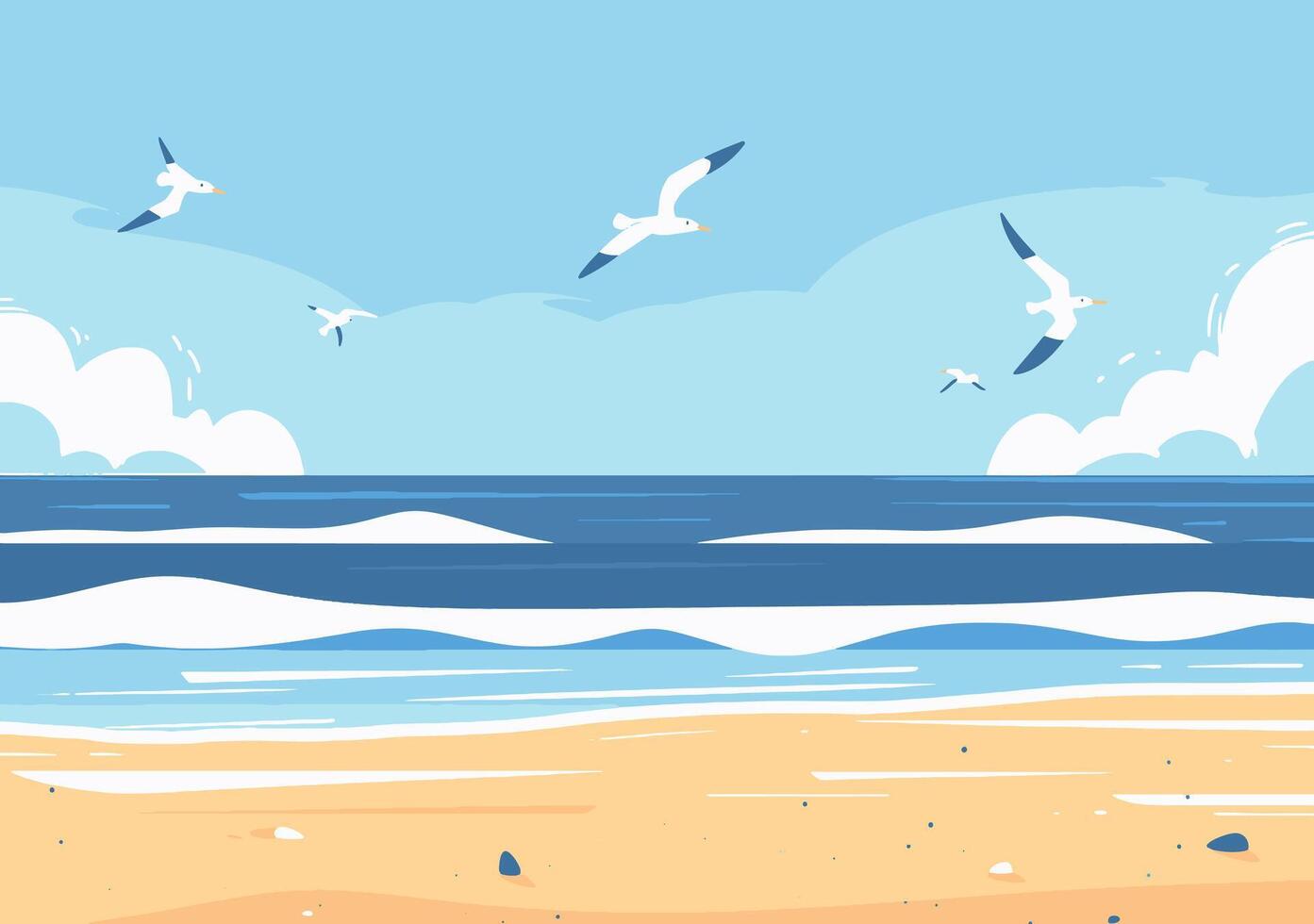 beach with waves and seagulls on the horizon vector