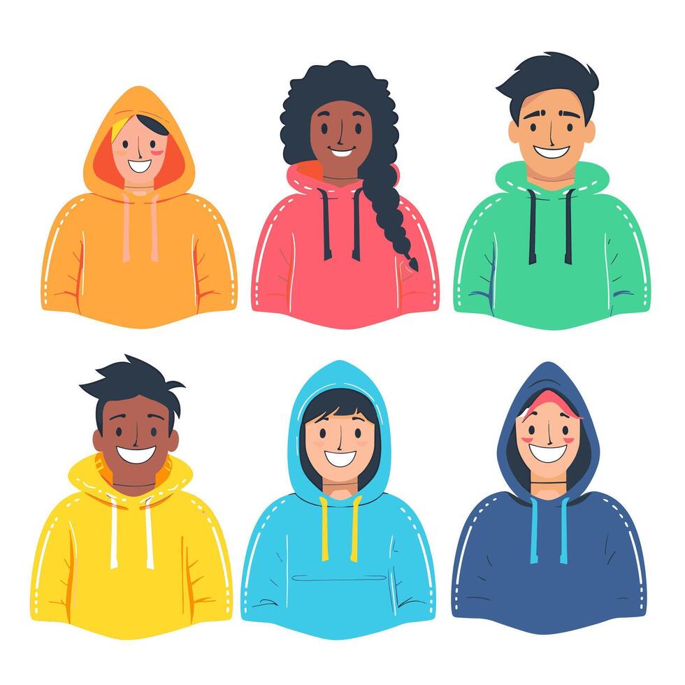 Six people wearing hoodies and smiling vector