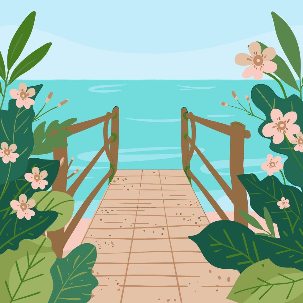 A wooden bridge leading to the sea, vector