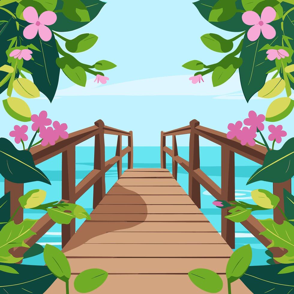 A wooden bridge leading to the sea, vector