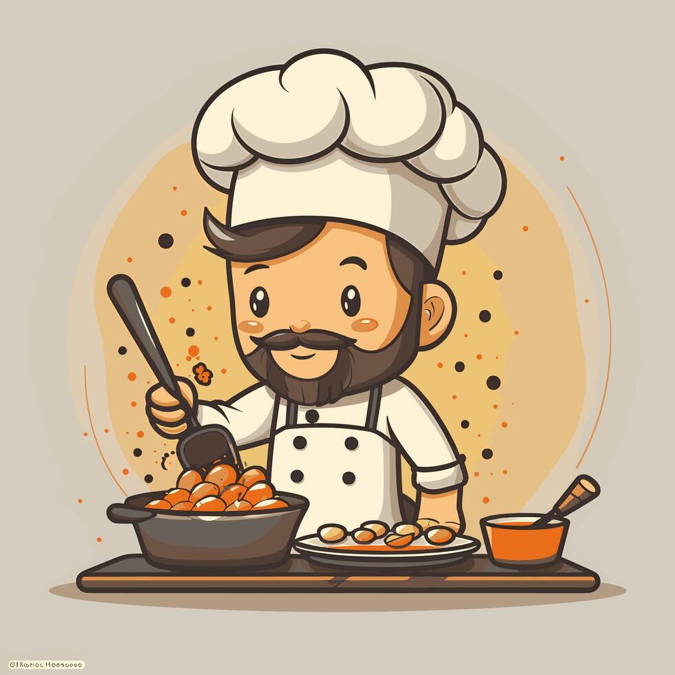 Cartoon chef cooking food in a pan vector