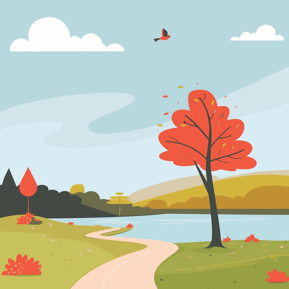 illustration of a tree and lake vector