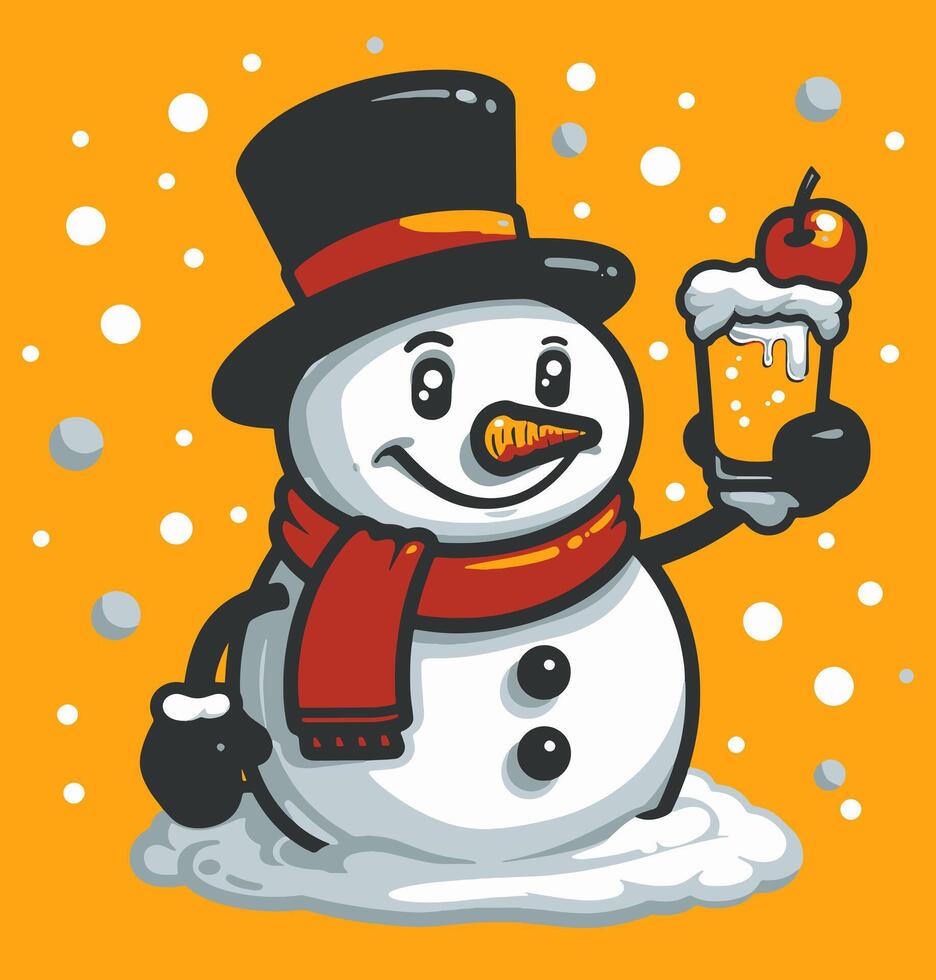 A snowman holding an apple and a beer vector