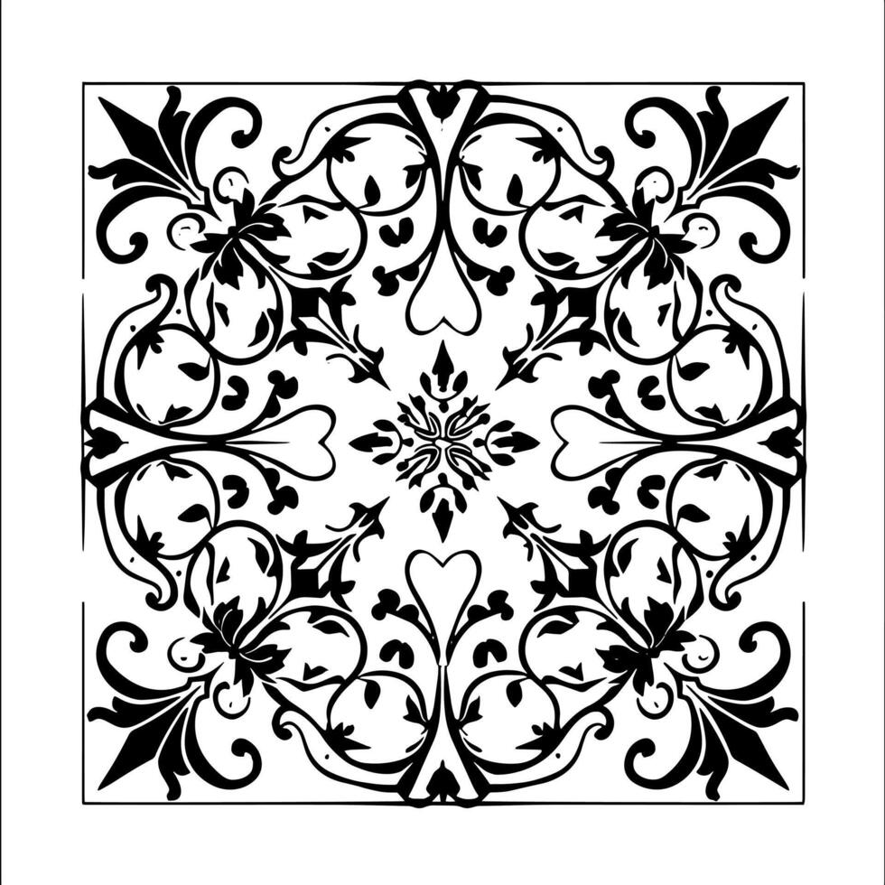 A black and white square pattern with a floral design vector