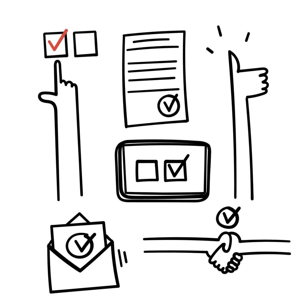hand drawn icons of a hand holding a phone, a check mark, and a paper vector