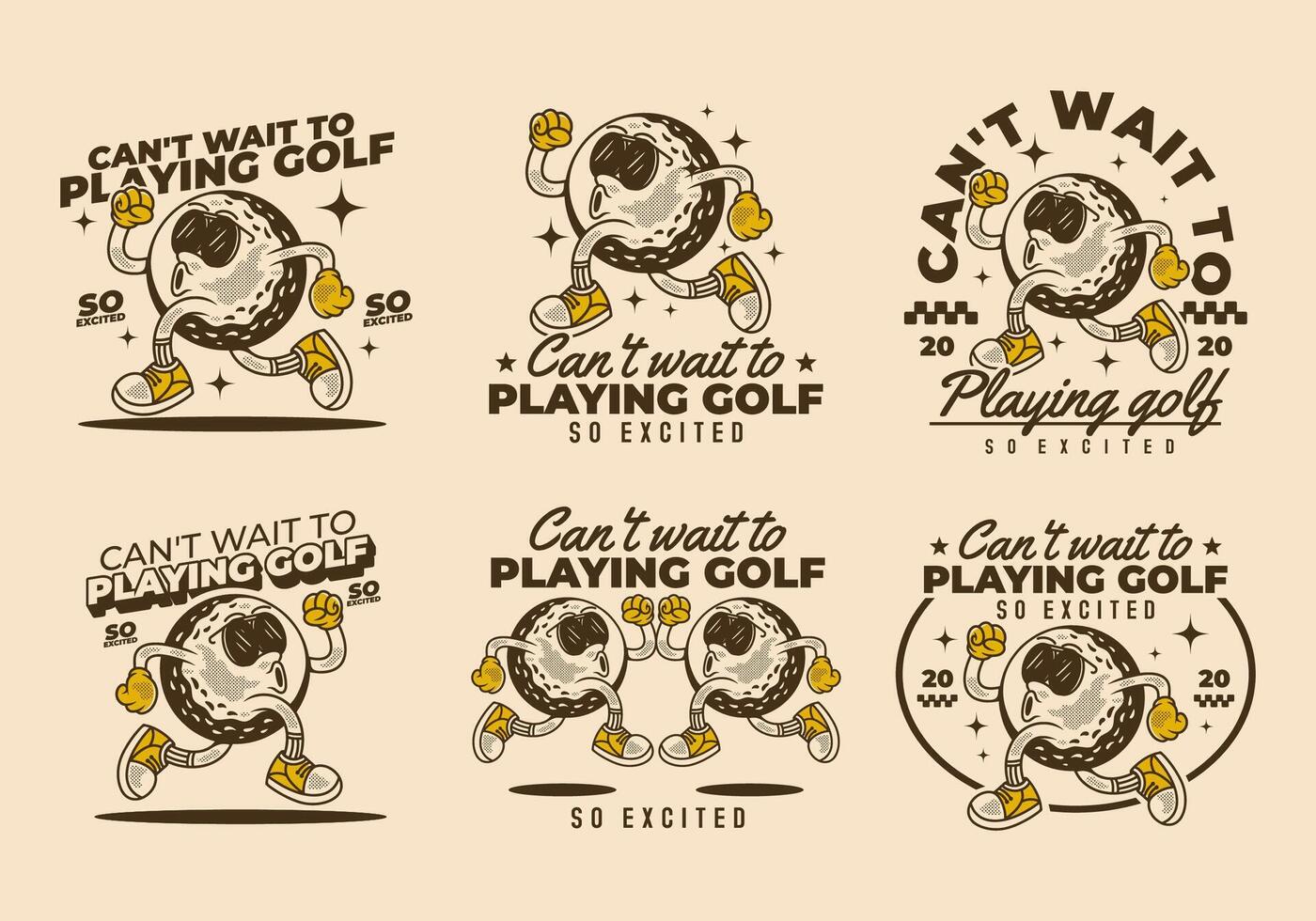 Cant't wait to playing golf. 6 different type of badge of Retro character of golf ball in running pose vector