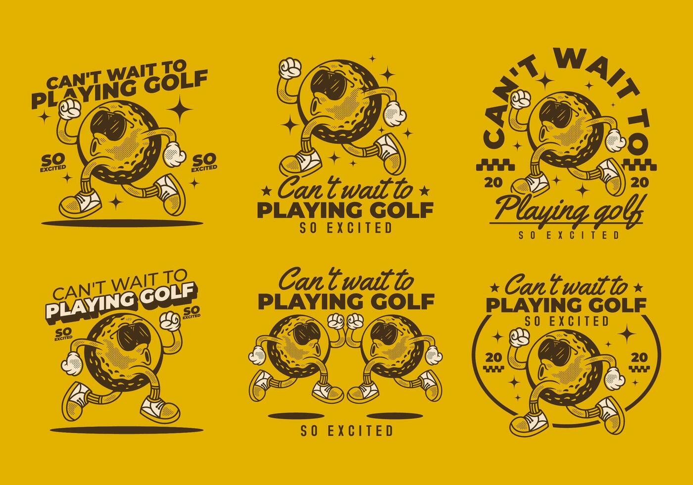 Cant't wait to playing golf. 6 different type of Retro character of golf ball in running pose vector