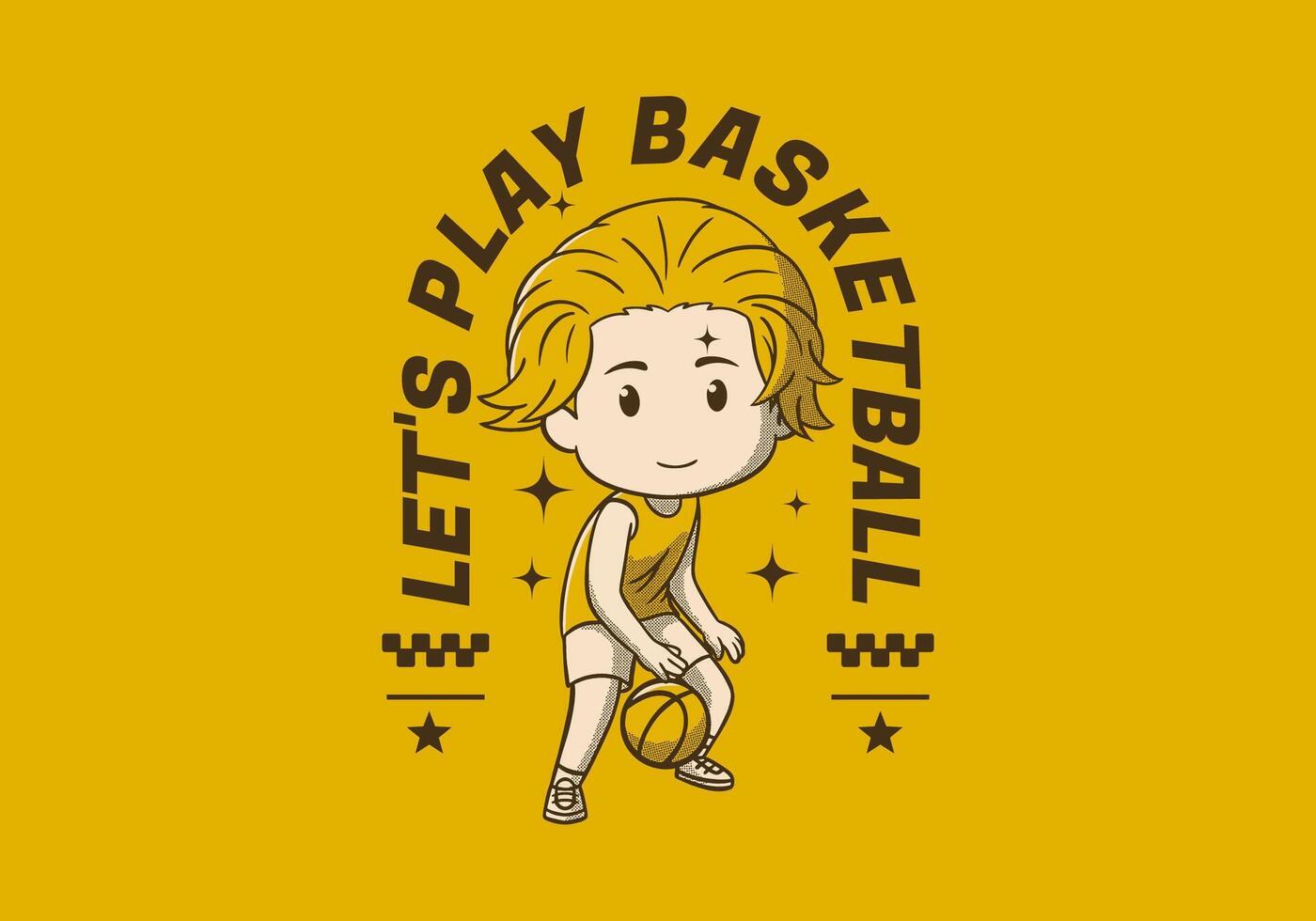 yellow background of Retro character illustration of a boy is dribbling a basketball, vintage style vector