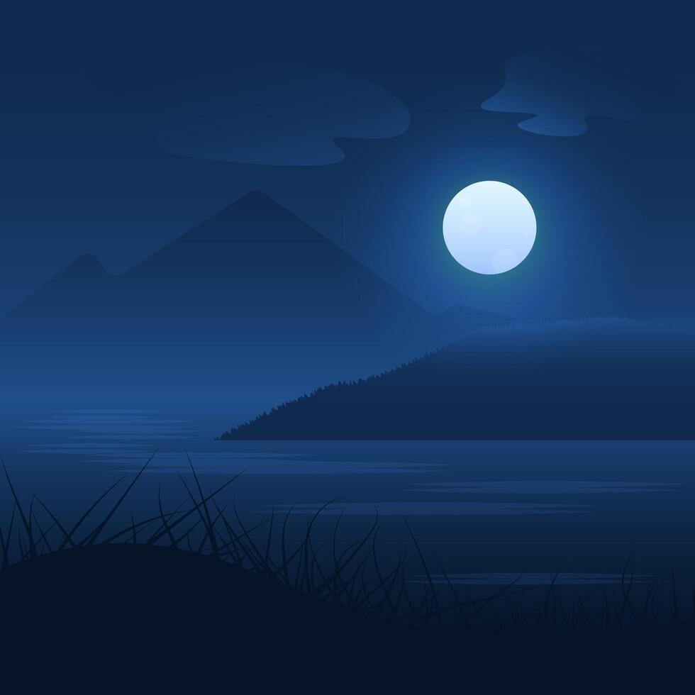 Flat lake at night illustration with moon, clouds, mount, grass. vector