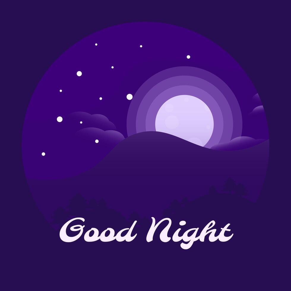Flat good night illustration with moon, clouds, stars, trees, and mount. vector