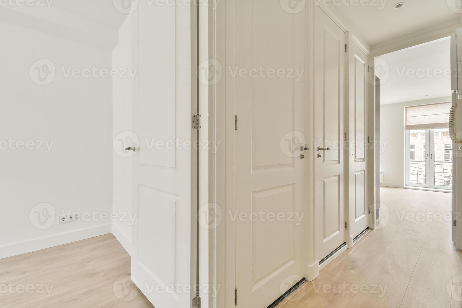 A white hallway with wooden floors and white doors photo