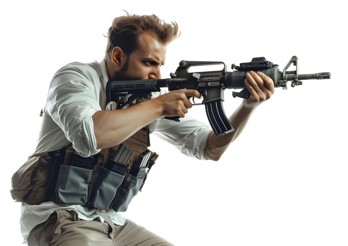 Soldier aiming an assault rifle. Isolated on transparent background png