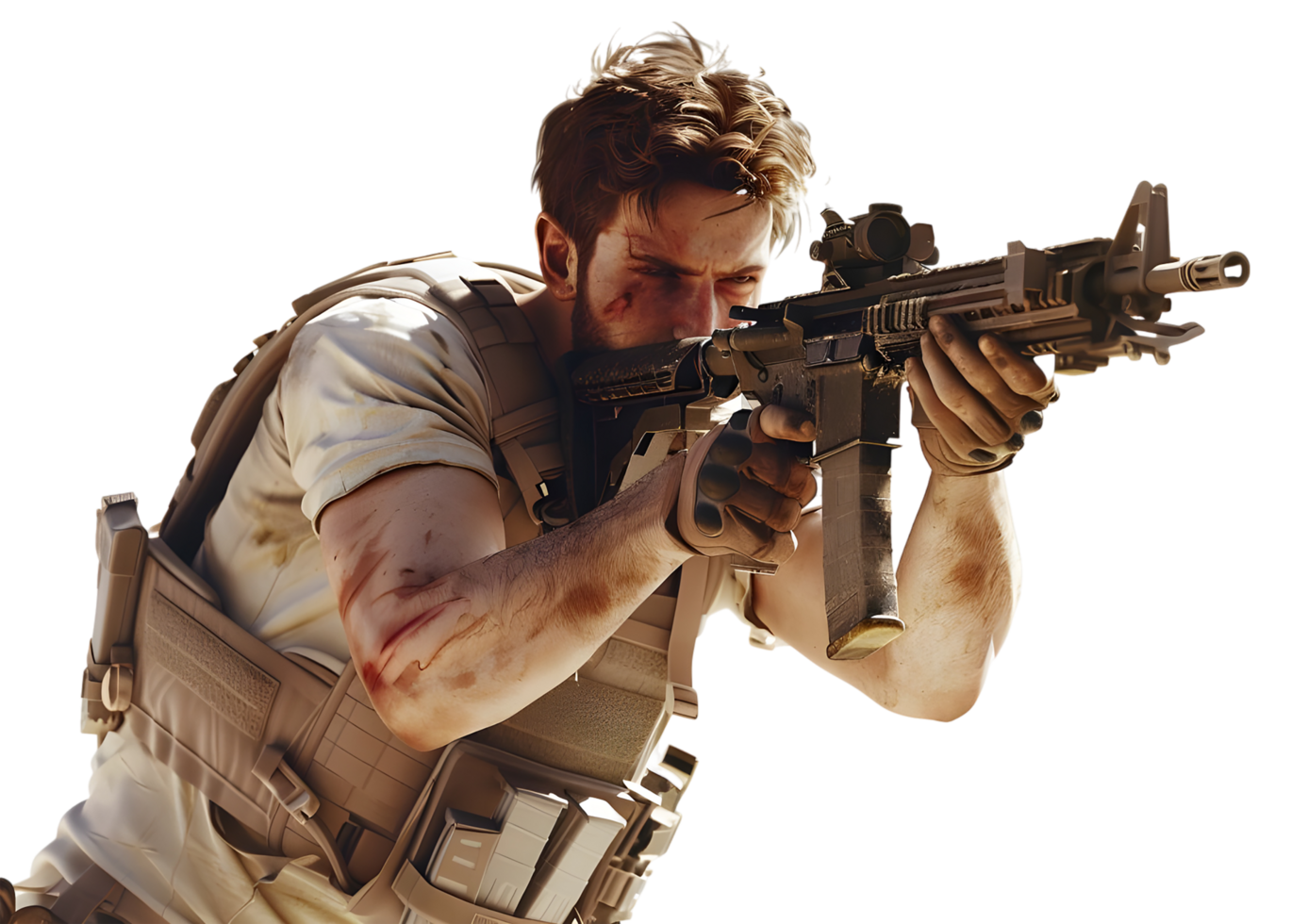 Soldier aiming with rifle. Isolated on transparent background png
