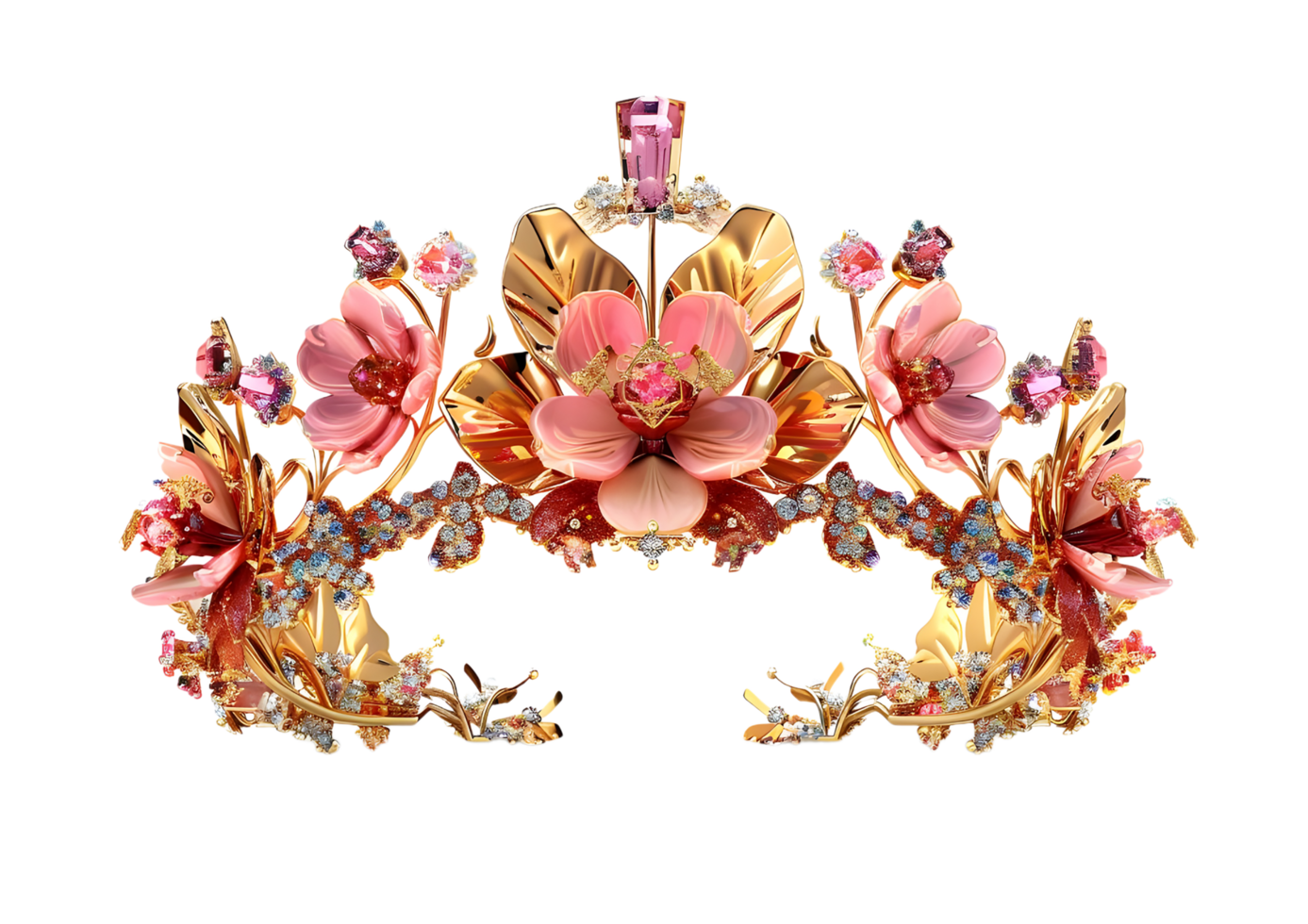 Elegant Gold and Pink Floral Crown. Isolated on transparent background png