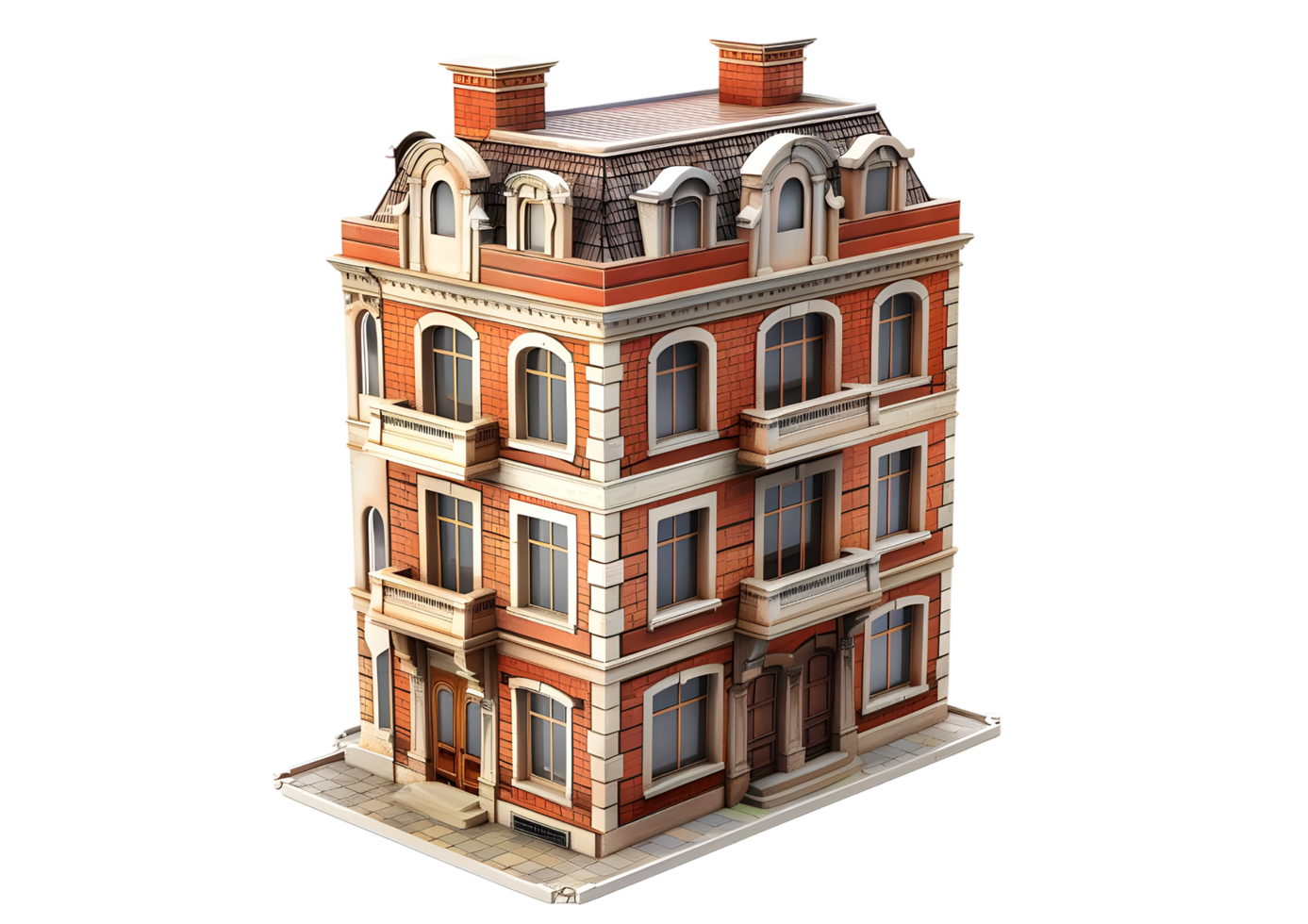 Classic European Style Brick Building with Balconies. Isolated on transparent background png