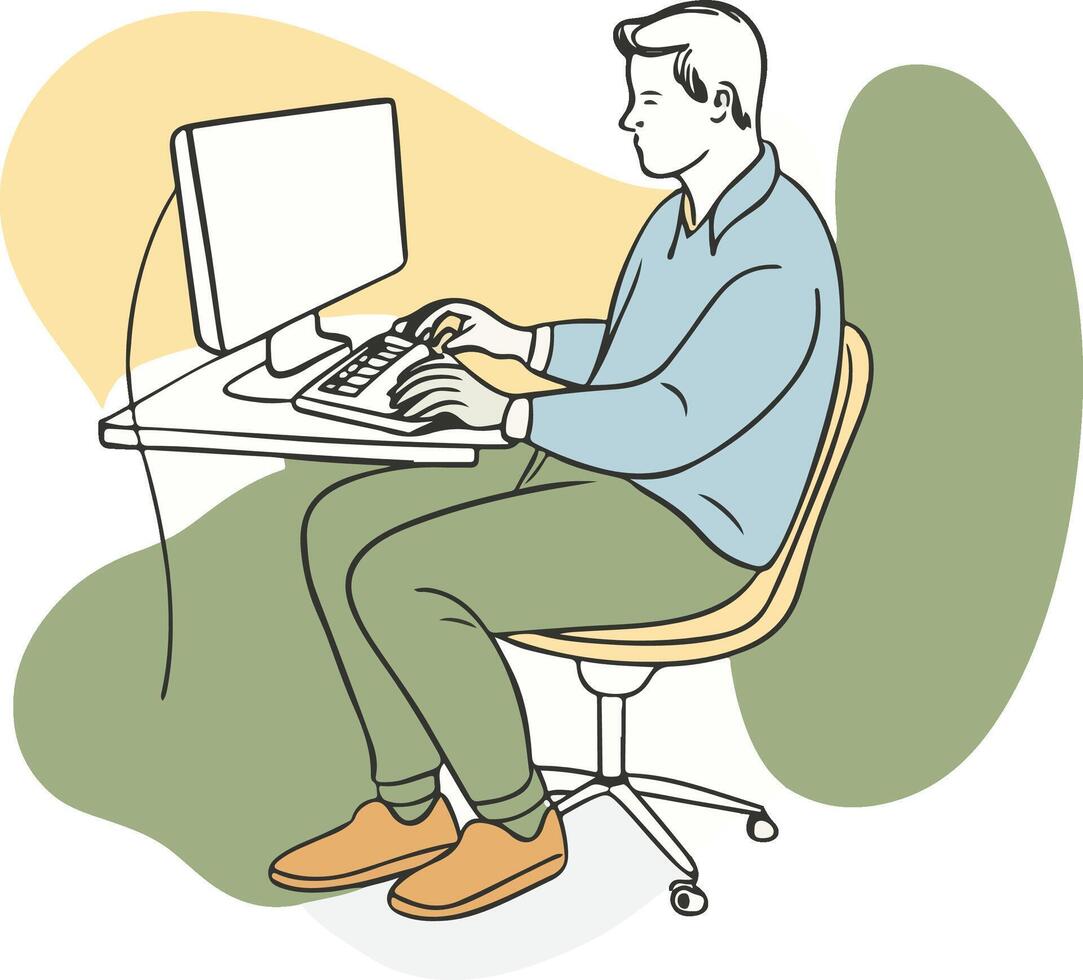 man is sitting in a chair working on his computer vector