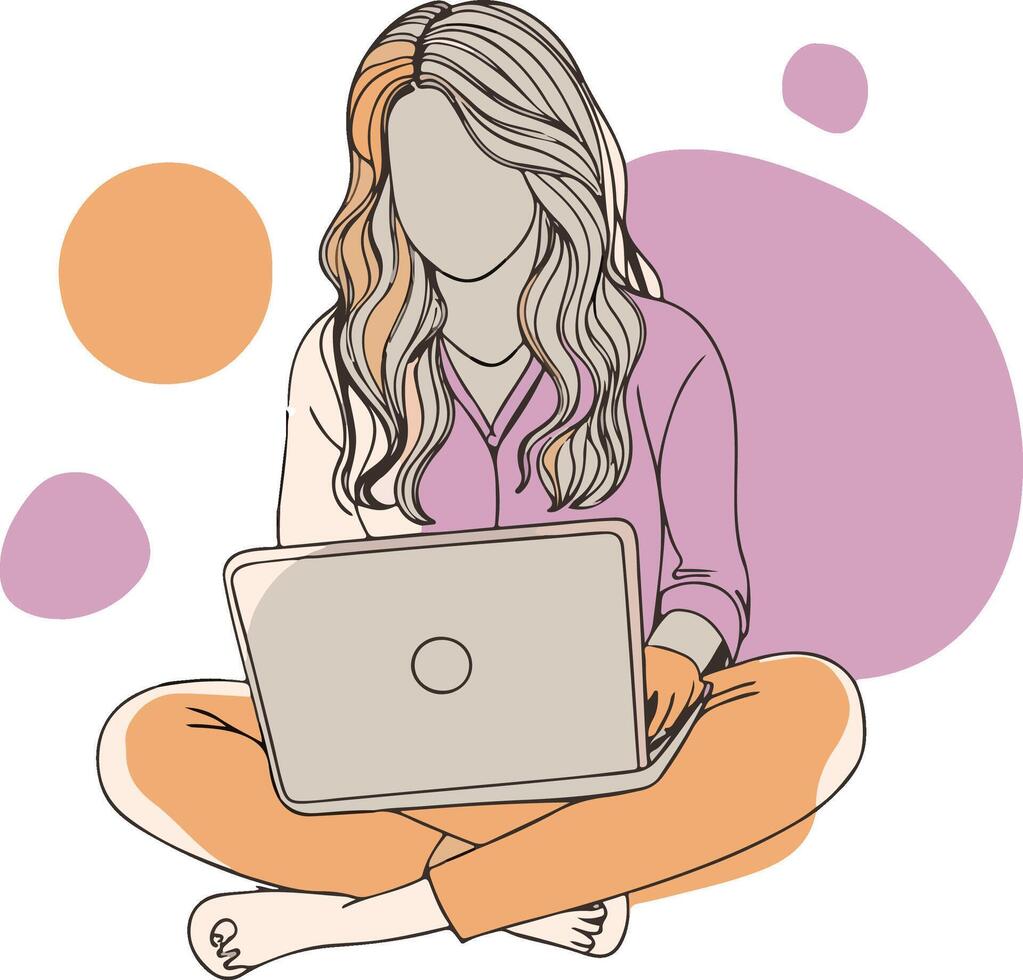 A woman sitting on the floor doing business on her laptop, simple and minimal flat illustration vector