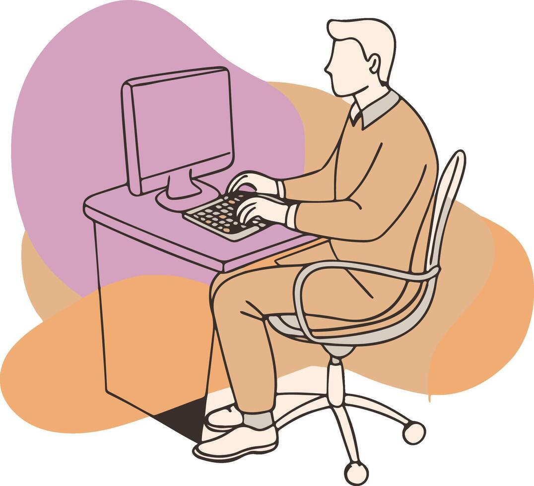 A man is sitting in chair working on his computer illustration vector