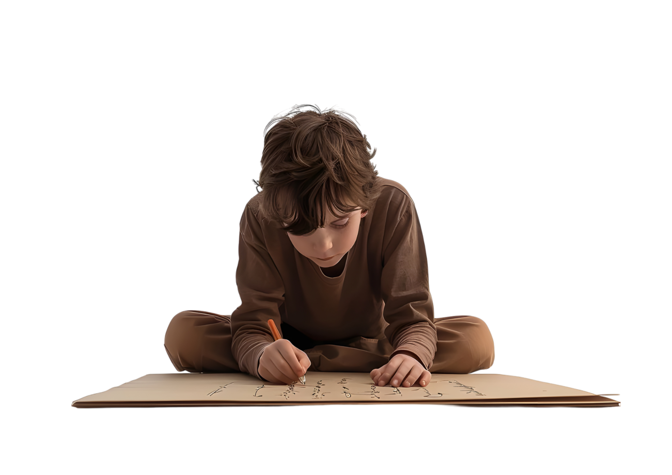 Young boy writing on a large sheet of paper, sitting on the floor, with a serious expression. Isolated on transparent background png