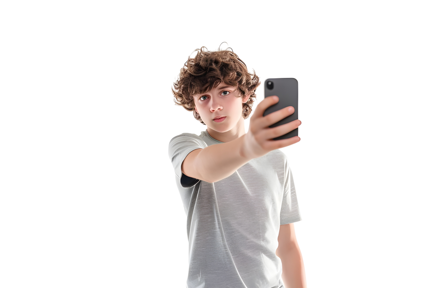 Teenager taking a selfie with a smartphone. Isolated on transparent background png