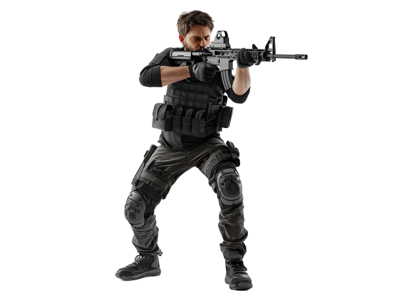 Military soldier aiming with rifle. Isolated on transparent background png