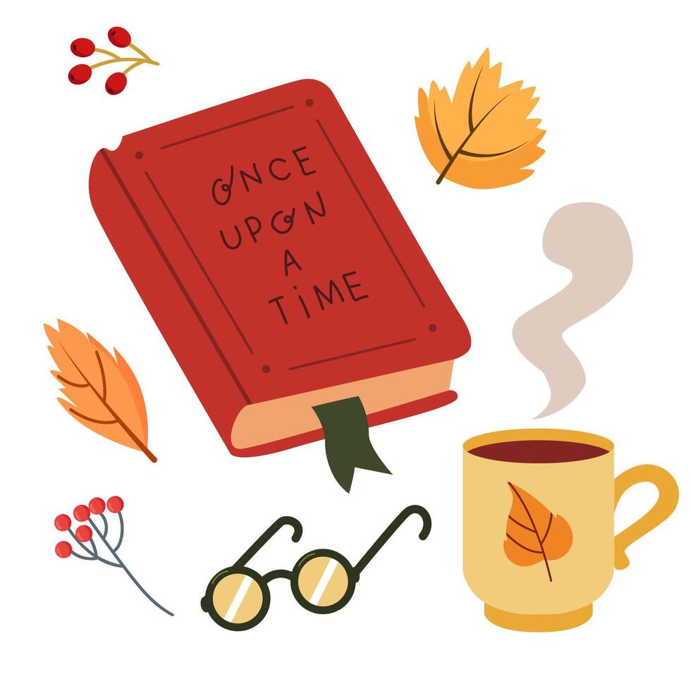 Book of fairy tales, cup of tea, glasses and autumn leaves. Group of objects in flat style on a white background. Once upon a time - text. vector
