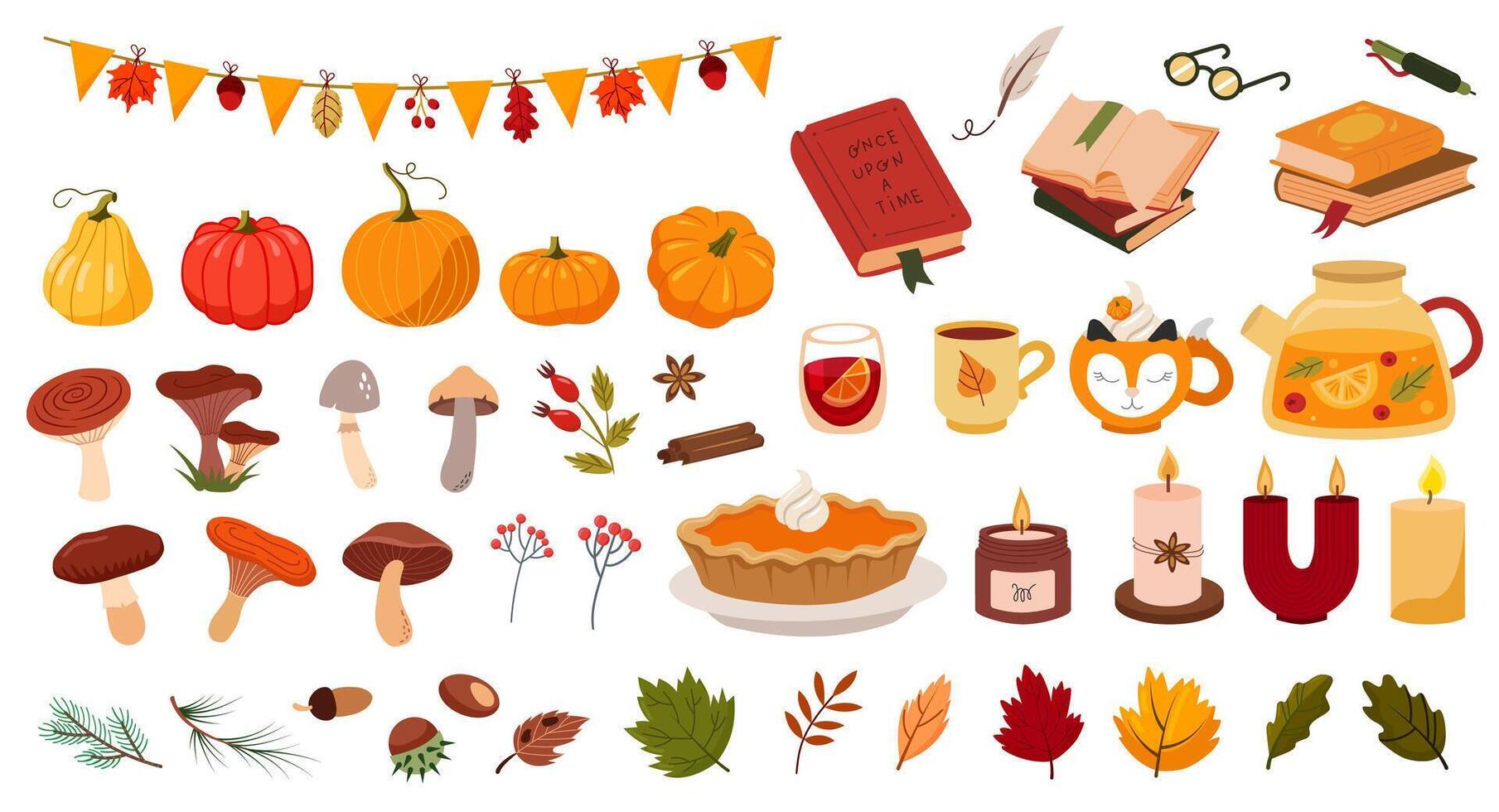 Big set of cute autumn elements - leaves, mushrooms, drinks, food, candles and books. Autumn season. Collection of elements for stickers, banners and other types of design. vector