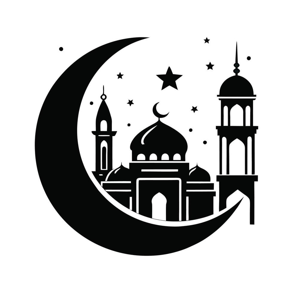 Black silhouette of a Islamic mosque and crescent with lanterns., illustration vector
