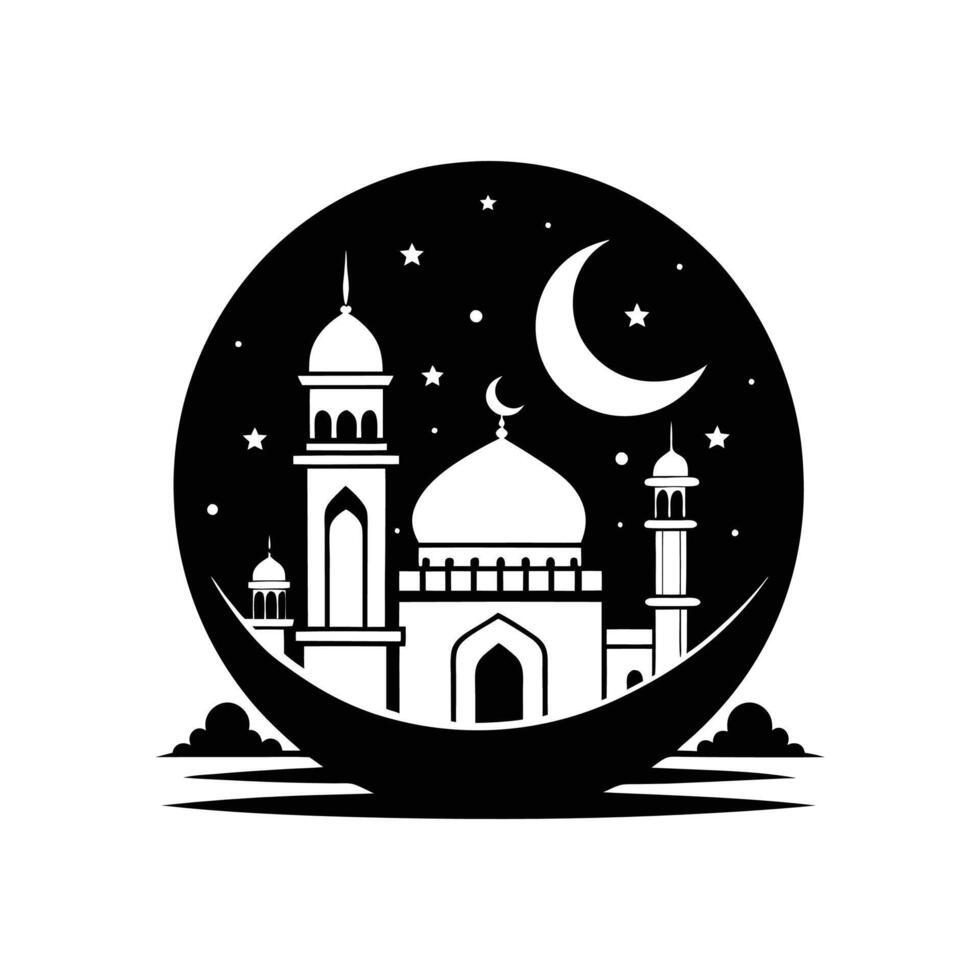 Ramadan Kareem logo. Black silhouette of a Islamic mosque and crescent with lanterns. vector