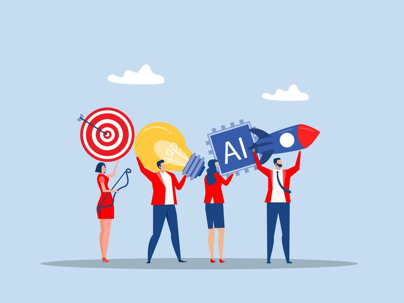 launch new innovation product Entrepreneurship, think and develop new idea, organize startup or start new company, business people holding winner flag, rocket ship, lightbulb idea and target plan vector
